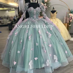 Angelsbridep Light Green 3D Handmade Flowers Ball Gown Quinceanera Dresses With Big Bow Off Shoulder Vestidos 15 Quinceañeras