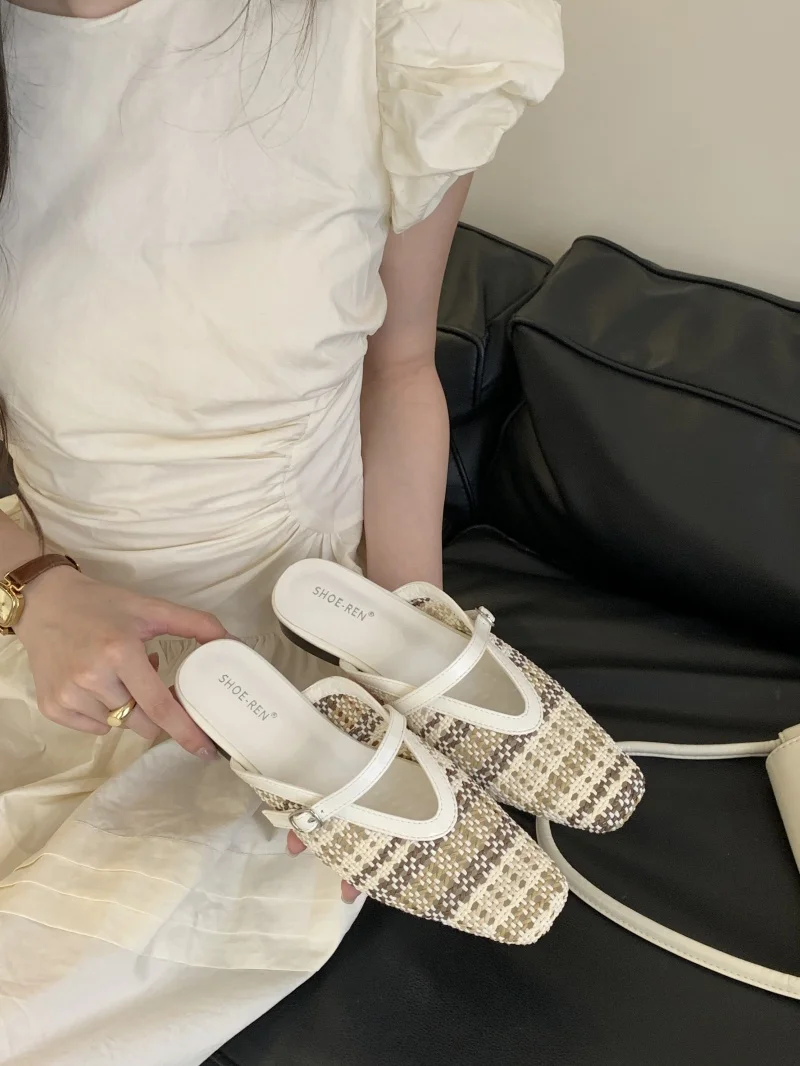 Baotou Half Slippers for Women Wearing Summer New Korean Version Square Headed One Step Lazy Muller Slippers for Women