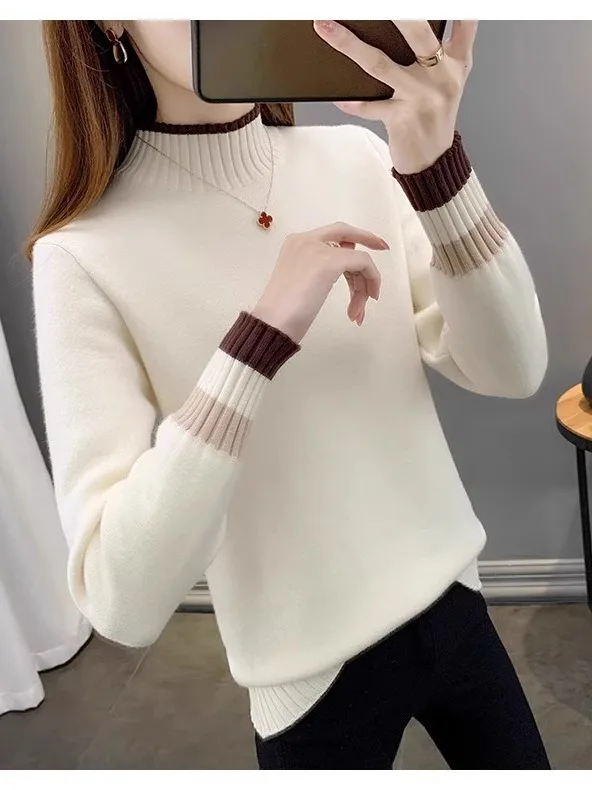 여성용 기모 안감 하이넥 니트 따뜻한 니트 상의 내의 터틀넥 풀오버 스웨터