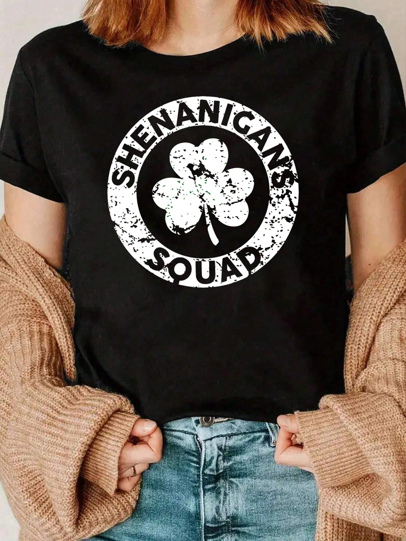 Koszulka damska z nadrukiem koniczyny na Dzień Świętego Patryka, styl casual, 220g