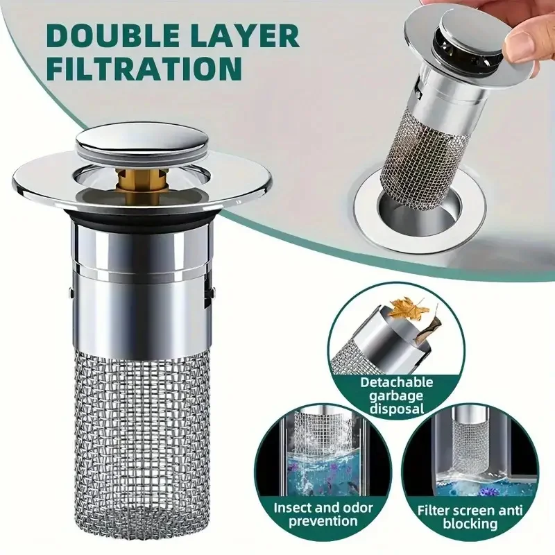 1pc Anti-Odor Bathroom Sink Plug Strainer Stainless Steel Pop-Up Drain Plug With Brass Core Bounce Filter Bathroom Accessories