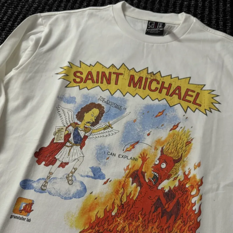 White Ink Direct Spray Comic Knight Flame Print Saint Long-sleeved Tshirts Men Women Casual Breathable Round Neck Tee Streetwear