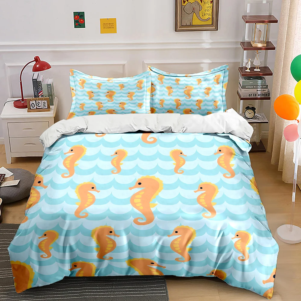 

3pcs Cartoon Ocean Seahorse Pattern Bedding Set 1 Duvet Cover 2 Pillowcases for Adult and Children Luxury Gift Full Size
