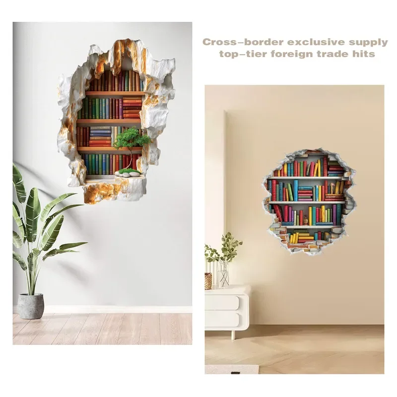 2026 hot sale Cross-border new 3D three-dimensional broken wall bookshelf sticker living room TV background removable wall