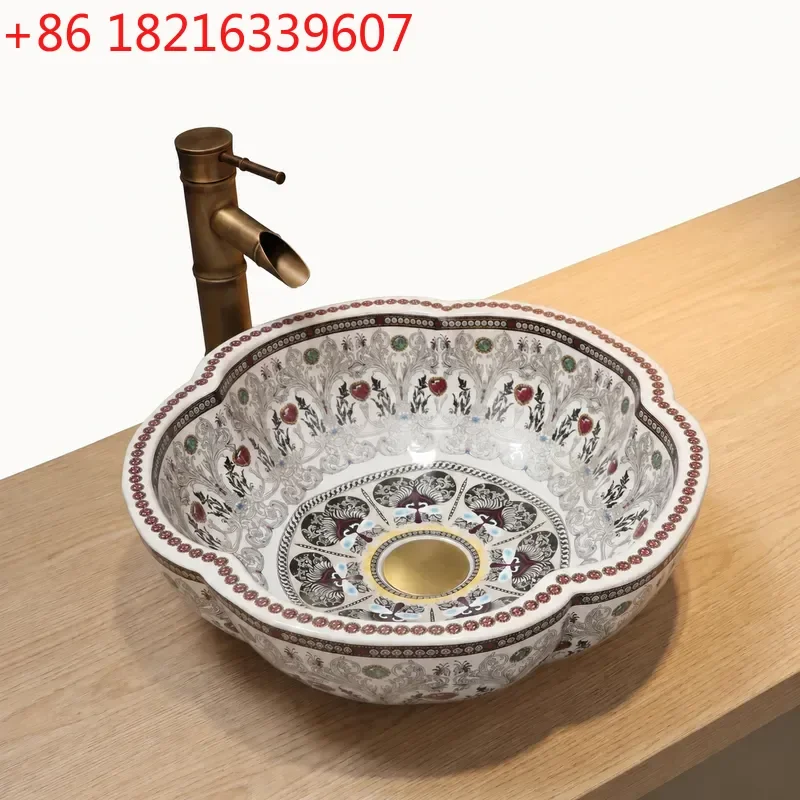 YAO Jingdezhen Ceramic Wash Basin Yushu Silver Flower Diamond Pattern Outlet Sink for Bathroom Vanity Countertop Installation