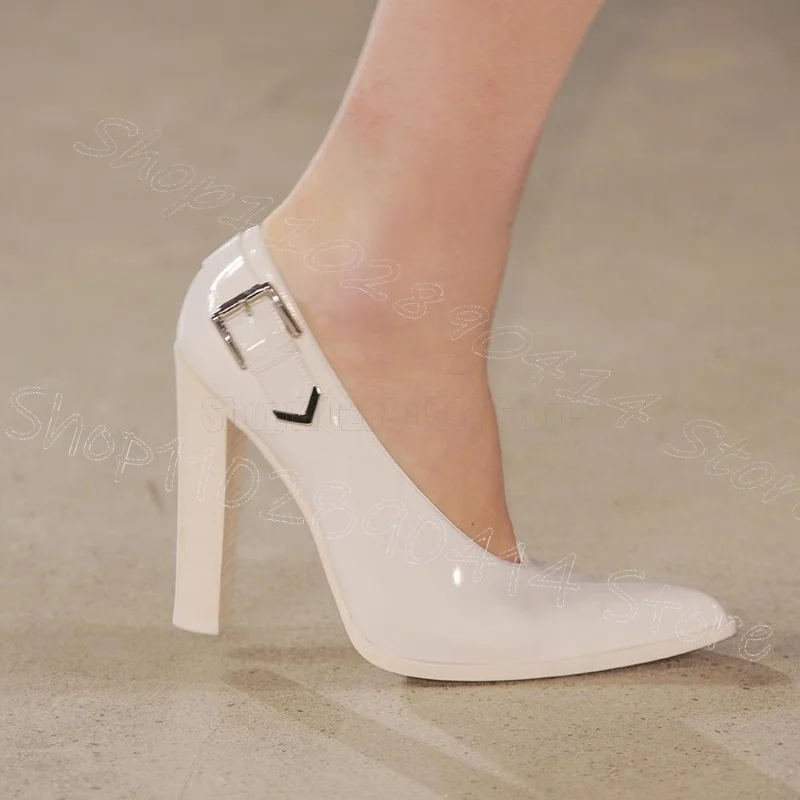 

White Buckle Patent Leather Pointed Toe Pumps Slip On Women Shoes Chunky High Heels Party Feast Runway 2025 Zapatos Para Mujere