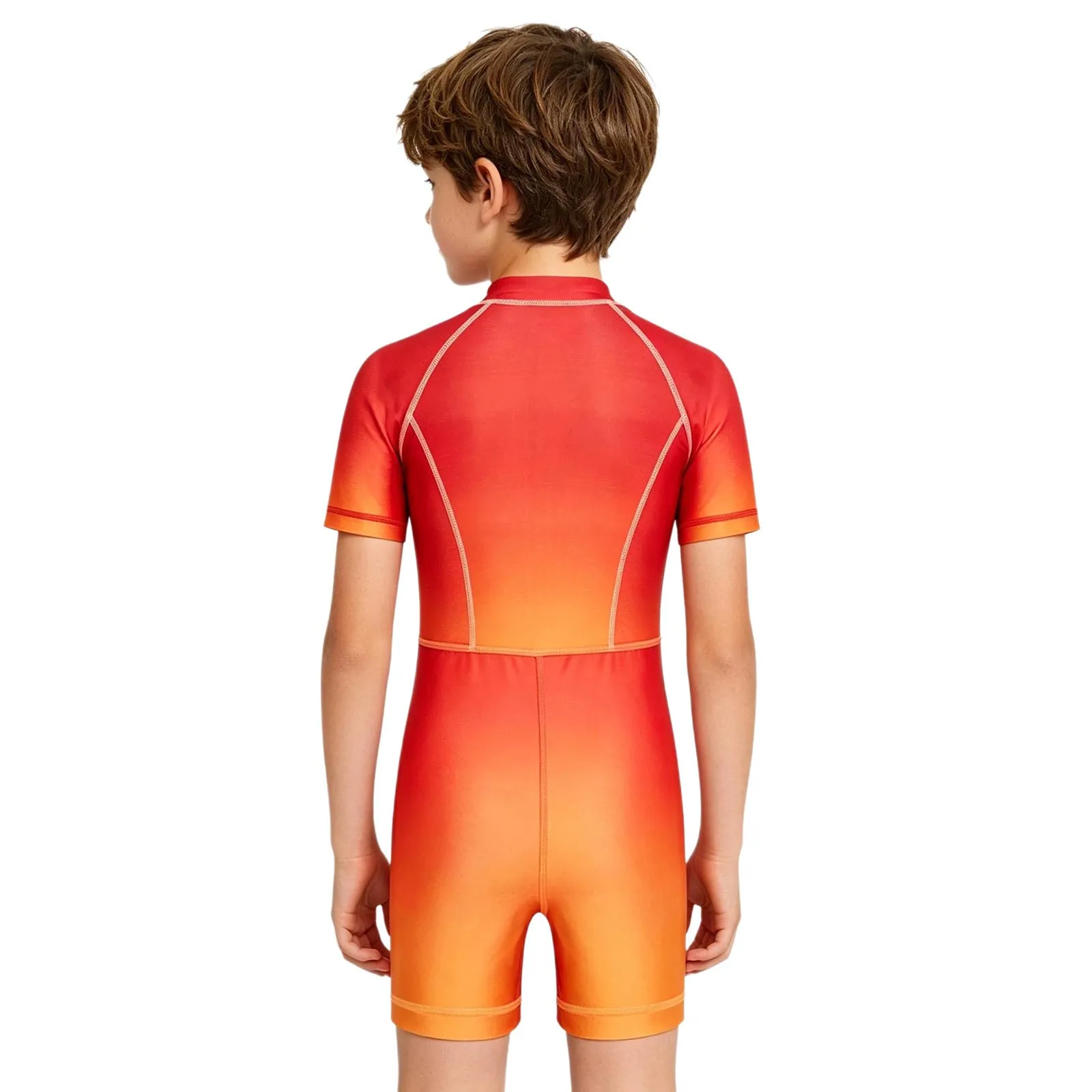 6-16Y Boys Girls Gradient Glossy Rash Guard Swimwear Wetsuit Short Sleeve Zipper Beach Pool Diving Surfing Bodysuit Bathing Suit
