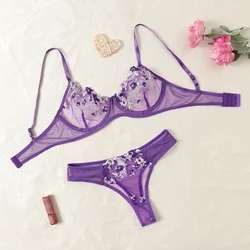 Purple Fancy Sexy Lingerie Set See Through Hot Female Underwear Embroidery Flower Bra And Panty Sets Women Erotic Outfits