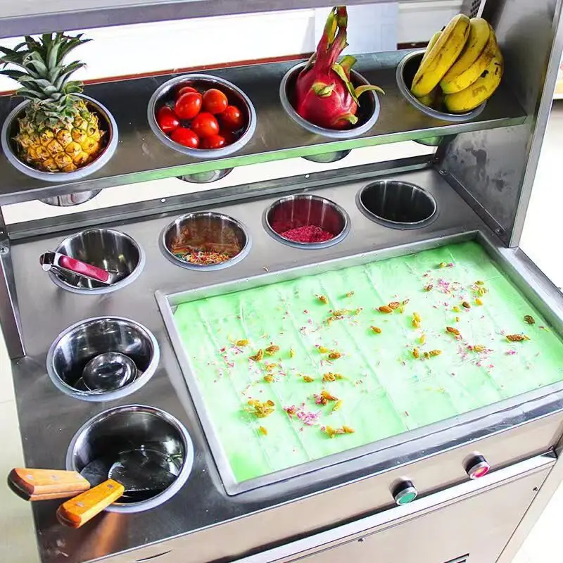 Commercial Frozen Fresh Fruit Yogurt  Double Flat Pan Roll Fry Ice Cream Machine