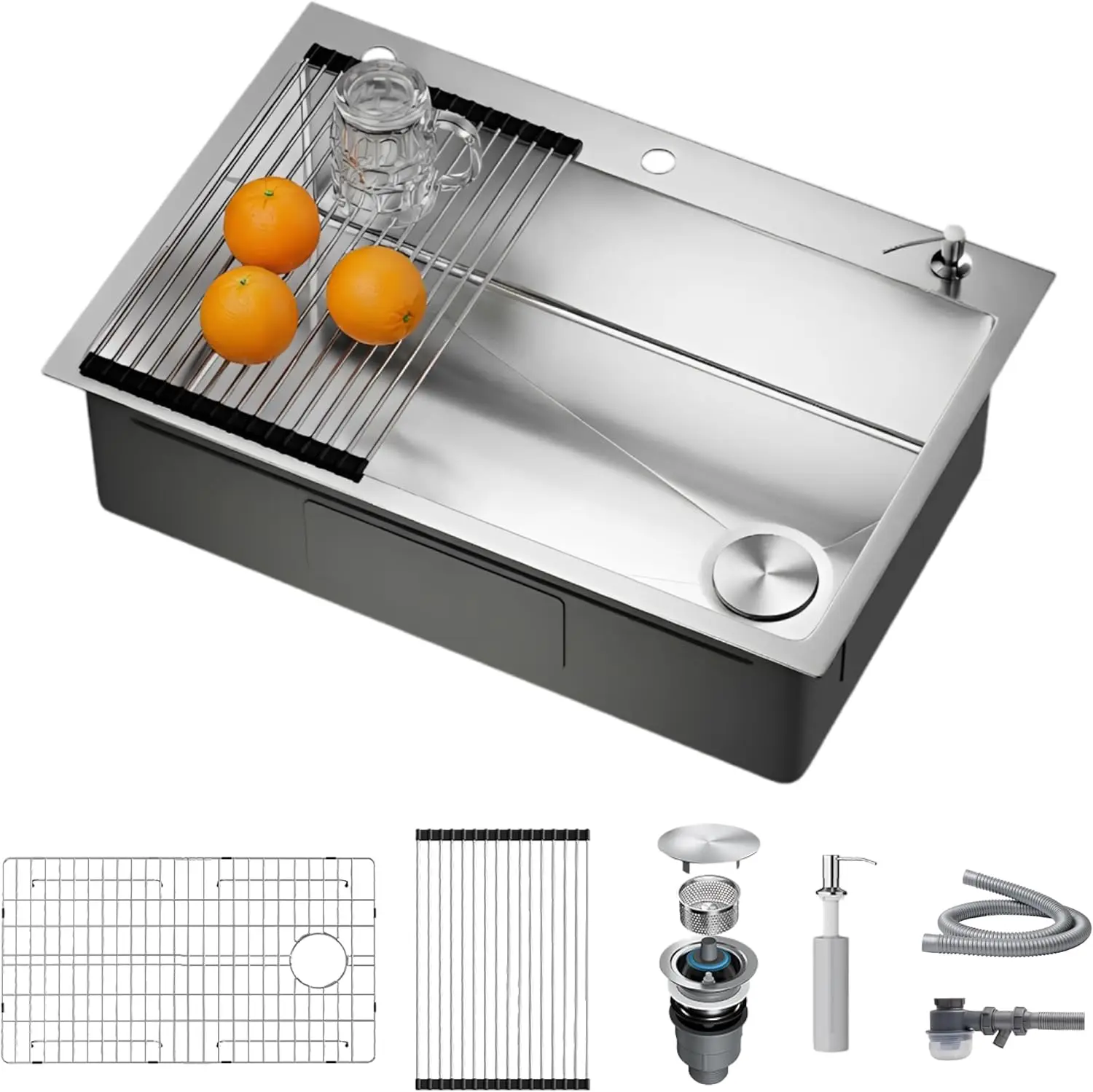 

Кухонная мойка 33x22x10 дюймов, встраиваемая, из нержавеющей стали S304 (16 калибр), с выдвижным сливом, одинарная глубокая чаша