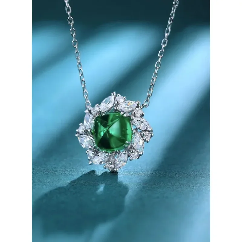 Ruihe Custom Design New 925 Silver Chain Pendant Necklace 3.35ct Lab Grown Emerald  Fashion Jewelry Women Christmas Gifts