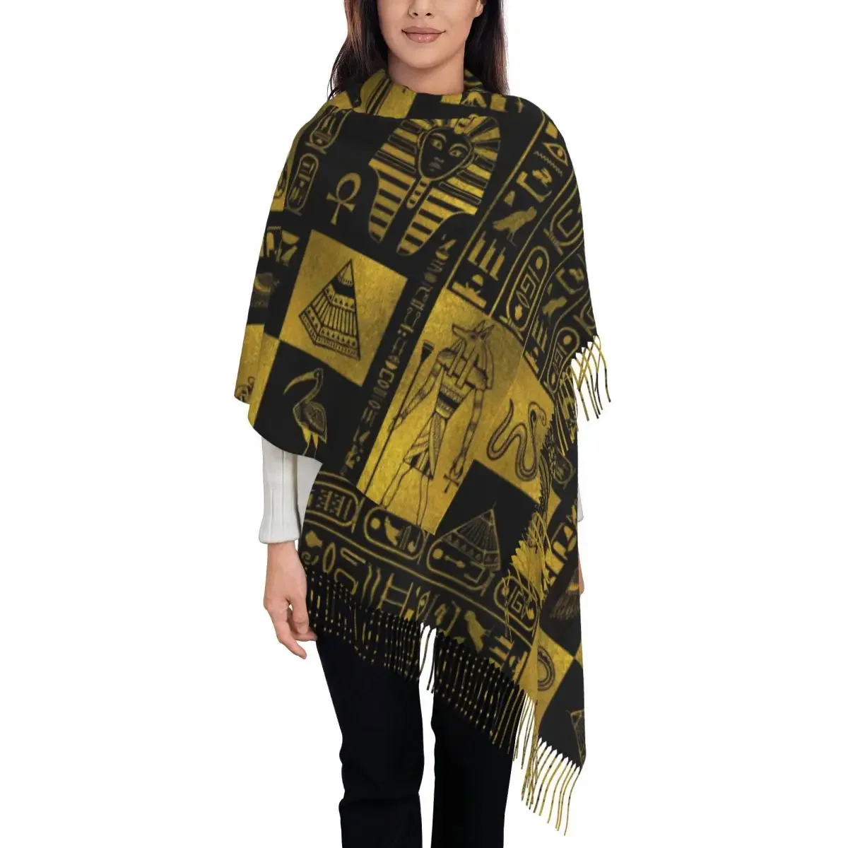 Retro Egyptian Gold Hieroglyphs And Symbols Collage Scarf Wrap Long Winter Fall Warm Tassel Shawl Egypt Hieroglyphic Scarves