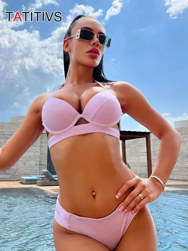 Tatitivs sexy Neck holder Frauen Bikini Push-up gerippten Badeanzug brasilia nischen Verband niedrig taillierte Bade bekleidung Schnür Badeanzug Biquini