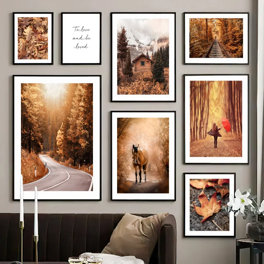 Autumn Deciduous Forest Log Cabin Maple Leaf Nature Posters Wall Art Print Canvas Painting for Living Room Modern Home Decor
