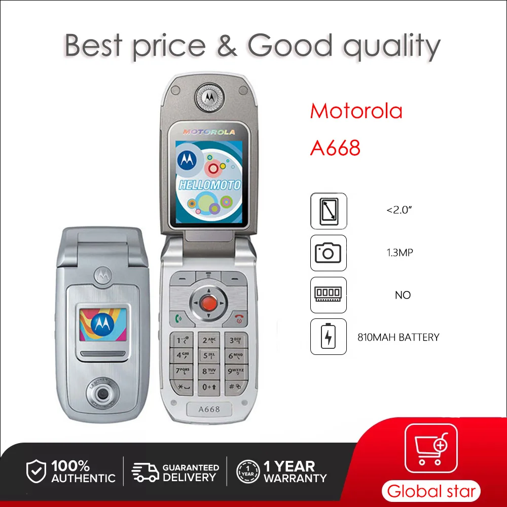 Оригинальный разблокированный восстановленный мобильный телефон Motorola A668 GSM 900/1800, хорошее качество, гарантия 1 год, поддержка только на английском языке