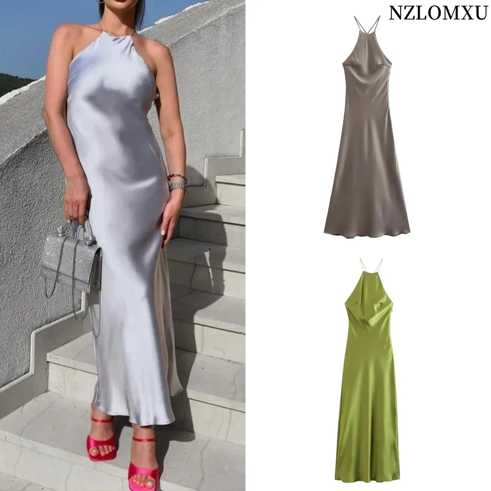 Women's Solid Satin Halter Backless Dress 2024 Female Chic Dress Sexy Sleeveless Nightclub For Eveninig Party TRAF