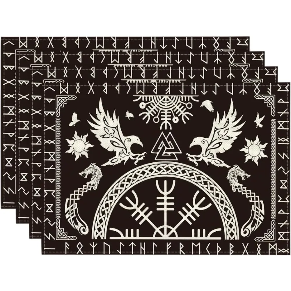 Black Viking Tree Of Life Raven Helmet Of Awe Placemats Set Of 4,12x18 Inch Seasonal Table Mats For Party Kitchen