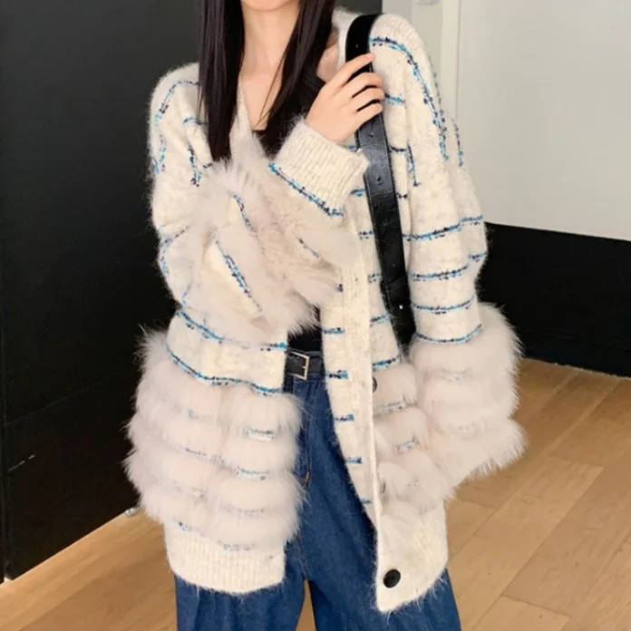 Women Knitted Cardigan Sweaters Patchwork Jumpers V Neck Button Long Sleeves Mid Length Casual Office Lady 2025 Autumn Winter