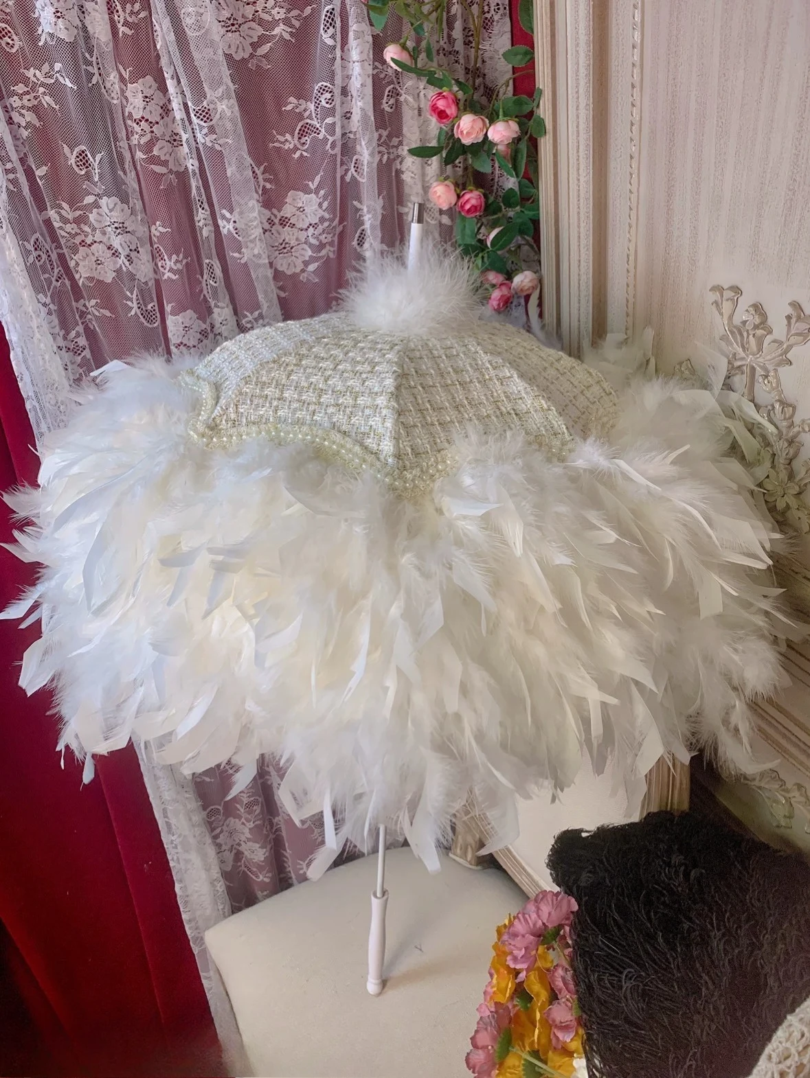 French Xiaoxiangfeng goose fluff long handle imitation antique small ocean umbrella wedding photography