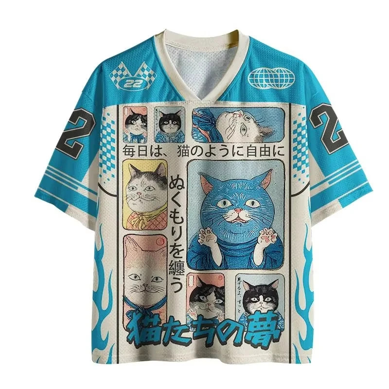 Bandai Japanese Hot Selling Ukiyo-e Cat T-shirt Retro Cat Manga Unisex T-shirt Aesthetics Y2K V-neck Sweatshirt