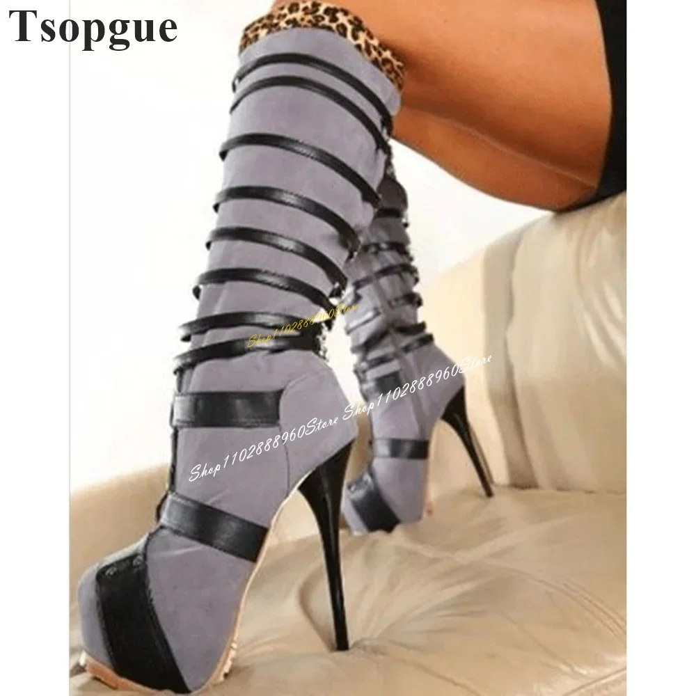

Knee High Mixed Strappy Platform Boots Thin High Heel Shoes For Women Side Zipper Round Toe 2024 Fashion Zapatos Para Mujere