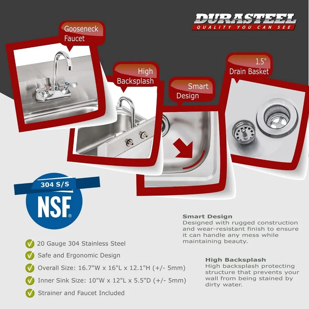 DuraSteel Stainless Steel Sink - NSF Commercial Wall Mount Kitchen Sink - Small Hand Sink with 12