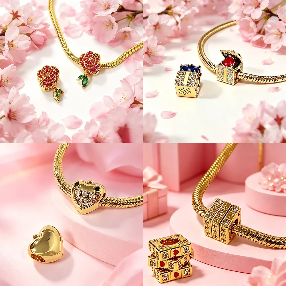 Rose Heart Love Cube Key Infinity Gold CZ Original Charm Silver Plated Beads Fit Bracelets Bag Keychain Diy Women Gift Accessory view 6