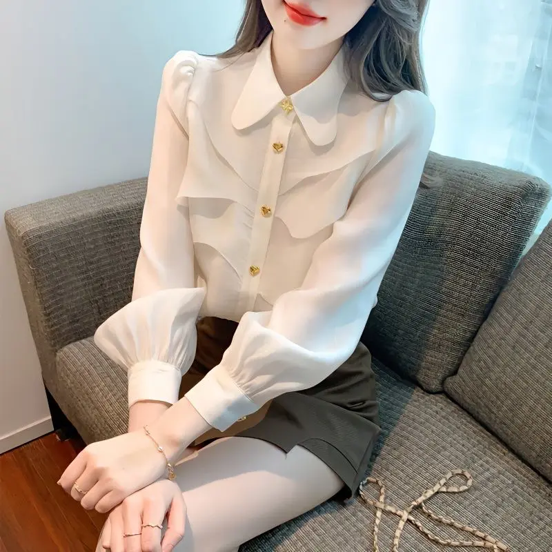 Stylish Patchwork Asymmetrical Blouse Solid Color Female Clothing Single-breasted Spring Autumn New Sweet Peter Pan Collar Shirt