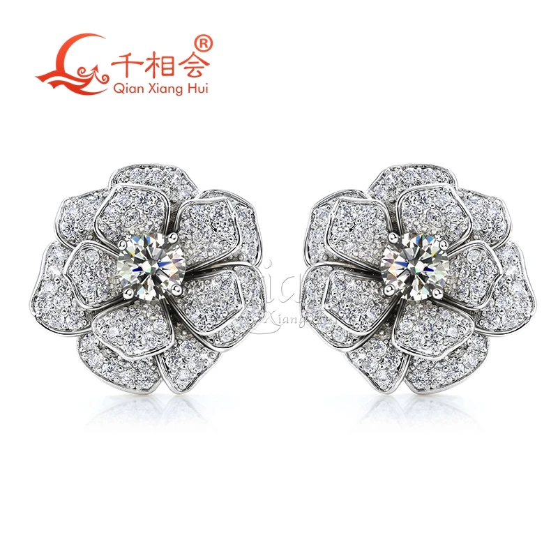 6mm main stone 21MM rose flowers S925 silver  earrings ear stud D vvs white moissanite stone Earring earrings jewelry woman gift