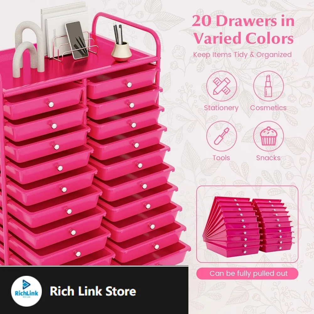 

20-Drawer Rolling Storage Cart - Mobile Rolling Cart w/Drawers for School Classroom Teacher Office Home Salon, Paper File Art S