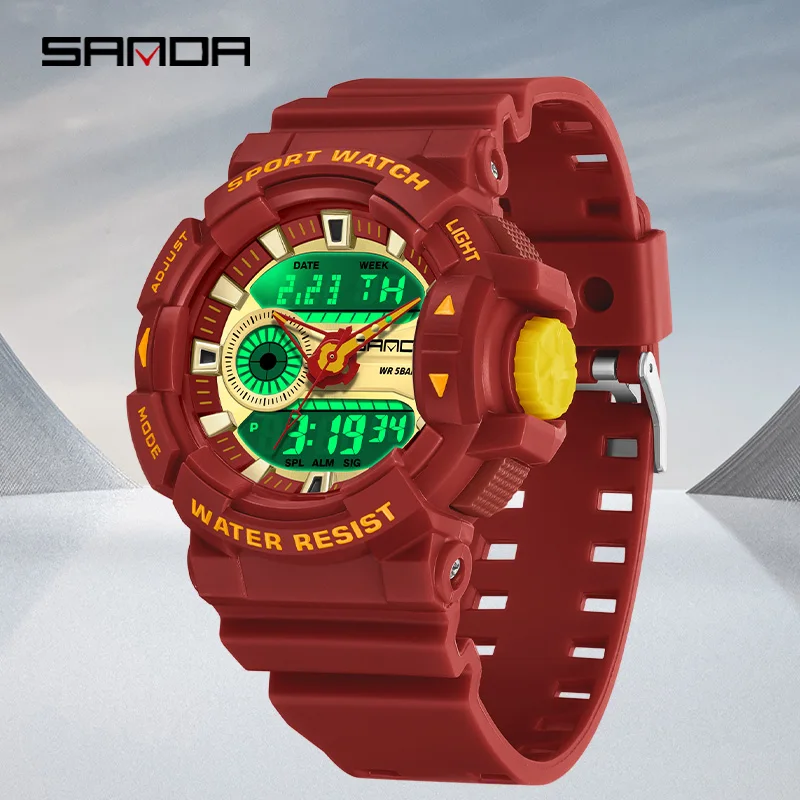 ساعة SANDA Fashion للرجال مقاومة للماء رياضية مزدوجة العرض عسكرية كوارتز ساعة يد LED كرونوغراف إلكتروني رقمي ساعة رجالية