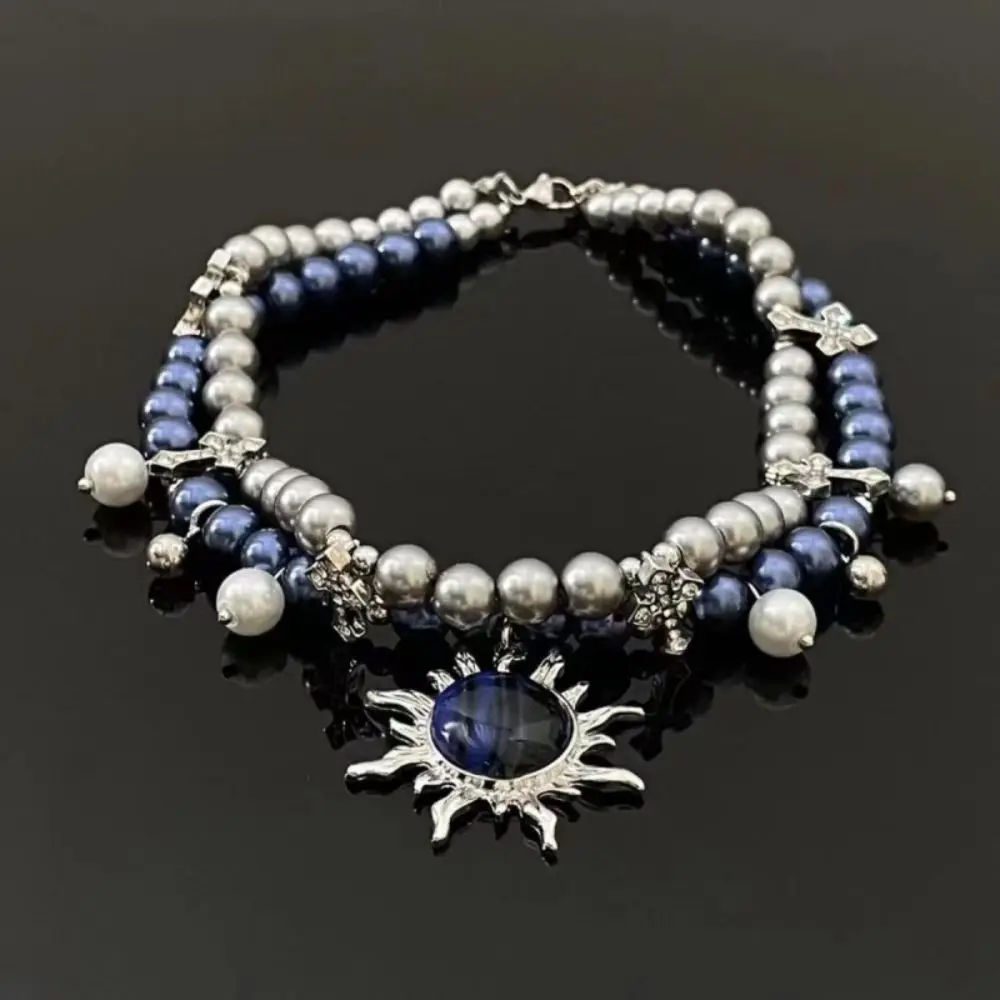 

Damo Necklace Y2K Sunflower Choker Imitation Pearl Necklace Blue Stainless Steel Jewelry Woman Punk Y2K Designer Jewelry Choker