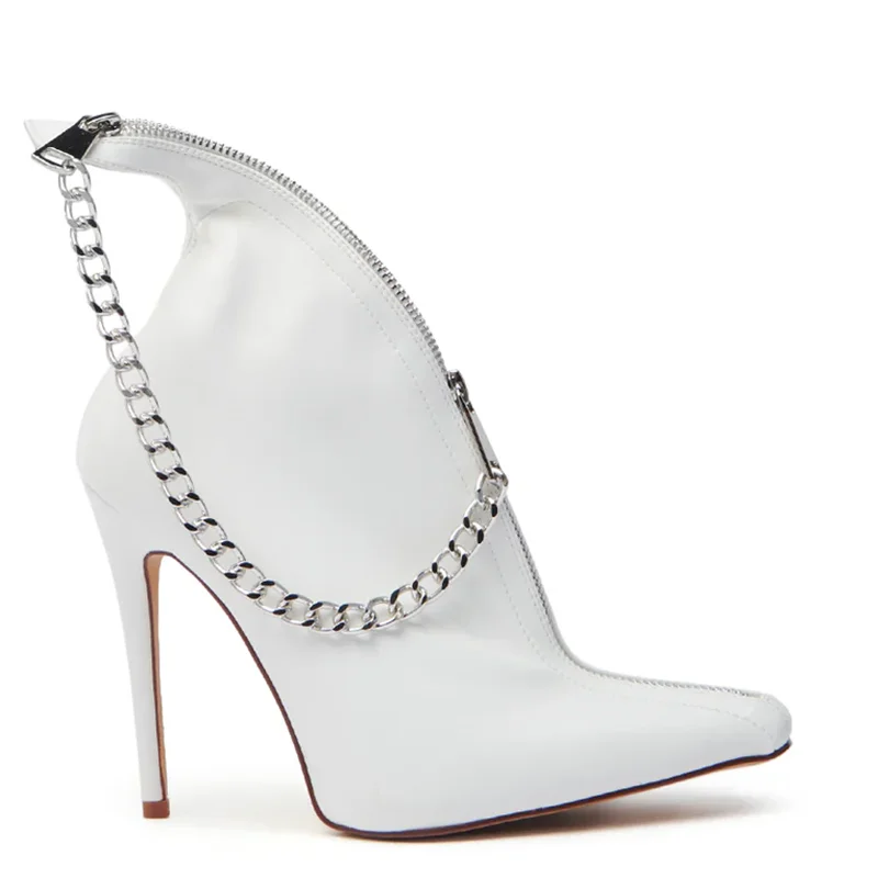 Metal Chain Zipper Decoratian Leather Ankle Boots Sexy Pointed Toe Stiletto New Arrivlas Fashion Women Modern Boots