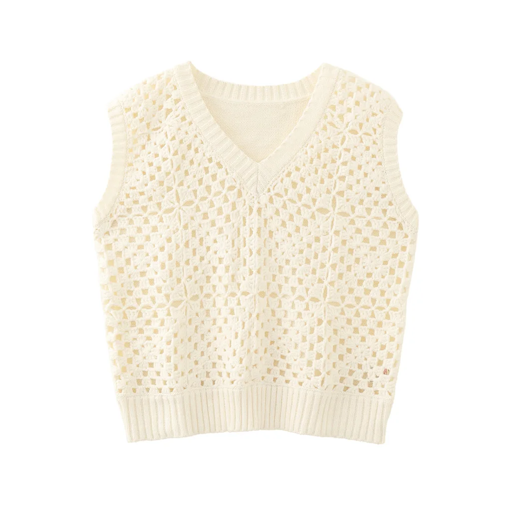 

2025 Holiday Beige V-neck Sleeveless Knitted Vest Bohemian Beach Crochet Hollow Vest Top