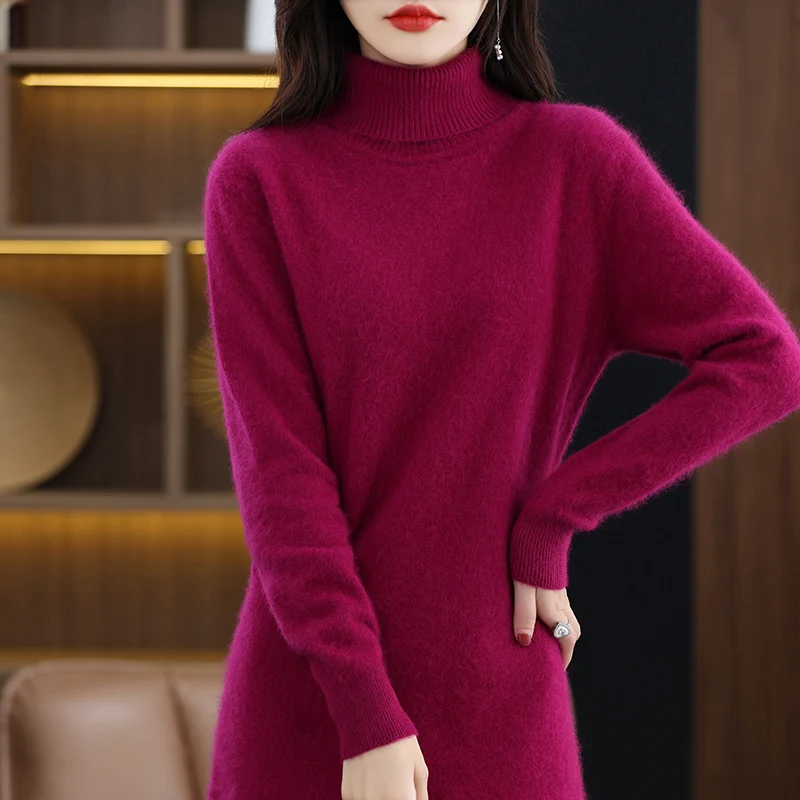 Women\'s High Neck Long Sleeve Solid Color Mink Cashmere Korean Loose Luxury Soft Mink Cashmere Knitted Dress Winter Warm