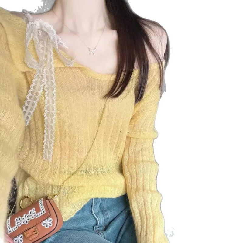 Pull léger de printemps de haut en tricot de ruban de dentelle de Mohair douce de épaules dénudées