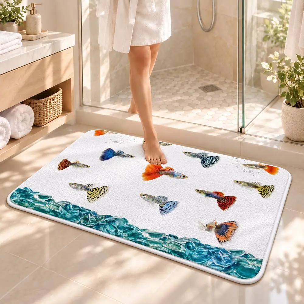 Crystal Aquarium Fish Collection Floor Mat Flannel Rug Soft Non Slip Washable Door Mat for Bathroom Bedroom Kitchen Home Decor