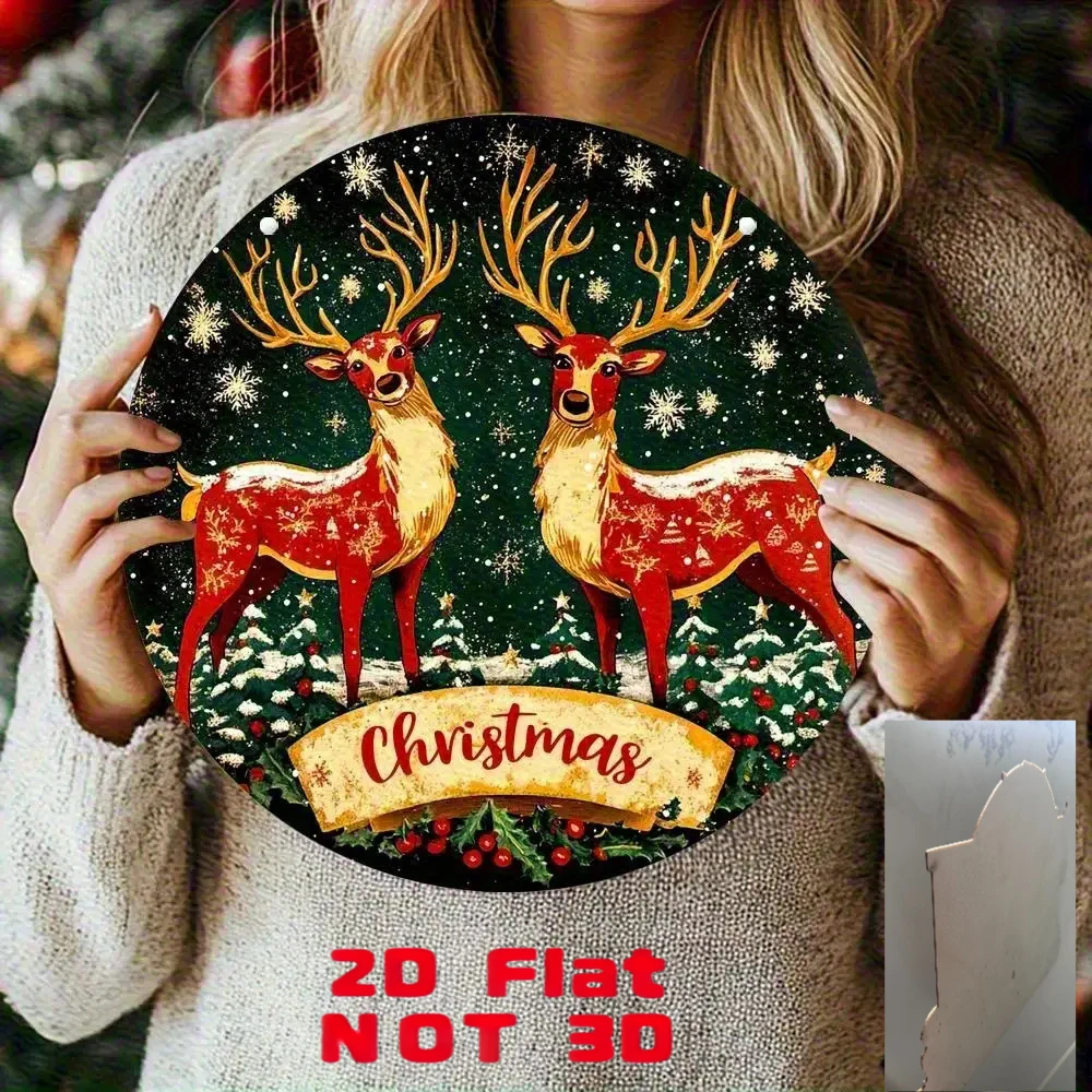 2D Flat, Vintage Round Wooden Wall Decor with Red Deer and Snowflake Design, Perfectly Suitable for Christmas, Porches, Windows,