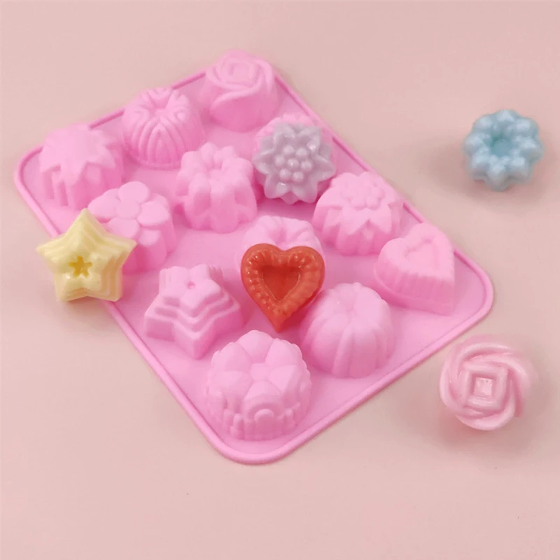 12 Holes Silicone Pastry Chocolate Molds For Oven Individual 3D Mini Dessert Flowers Heart Star Muffins Cupcake Baking Pan Tray