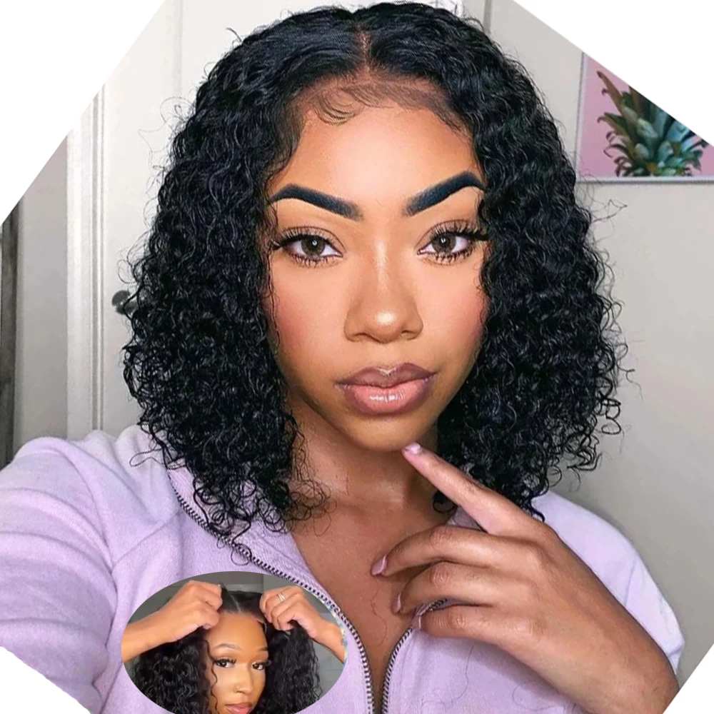 

Kinky Curly Glueless Bob Wig Lace Frontal Ready To Wear Human Hair Wigs Pre Plucked 180Density Brazilian Deep Curly Wear To Go