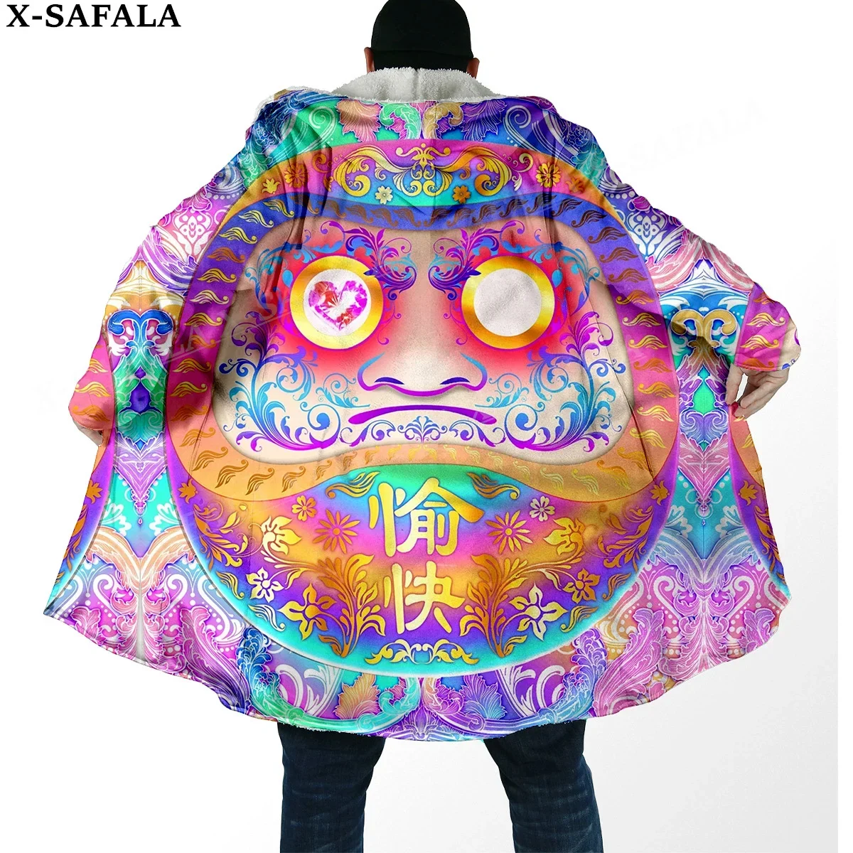 

Толстая Теплая мужская накидка с капюшоном Daruma с японским аниме принтом манга, пальто, ветрозащитный халат, одеяло с капюшоном-6