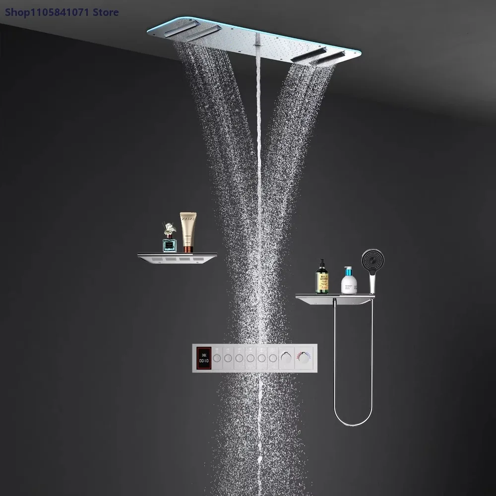Ceiling Rain Shower Head LED Thermostatic Shower System with Bluetooth Music and Body Jets