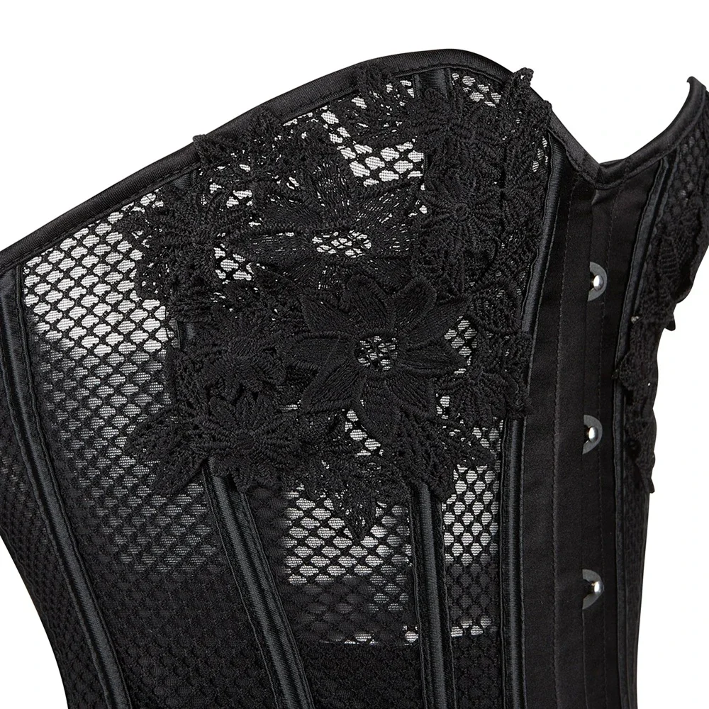 Women\'s Corsets and Bustiers Tops Plus Size Mesh Black Breathable Hollow Out Lingerie Corselet Overbust Lace Up Clubwear