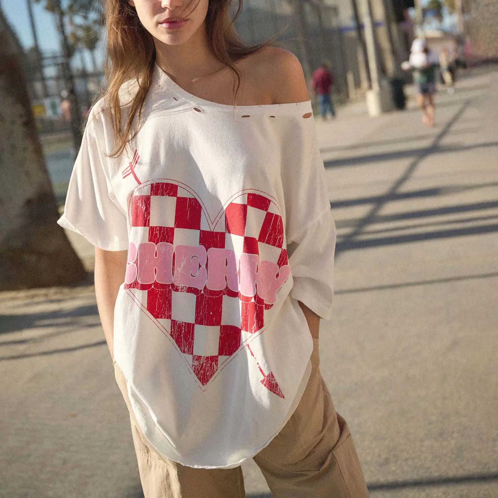 Women's Summer Oversized Tops Short Sleeve Checker Heart Print T-Shirts Loose Casual Blouses Female Pullovers Valentine's Day