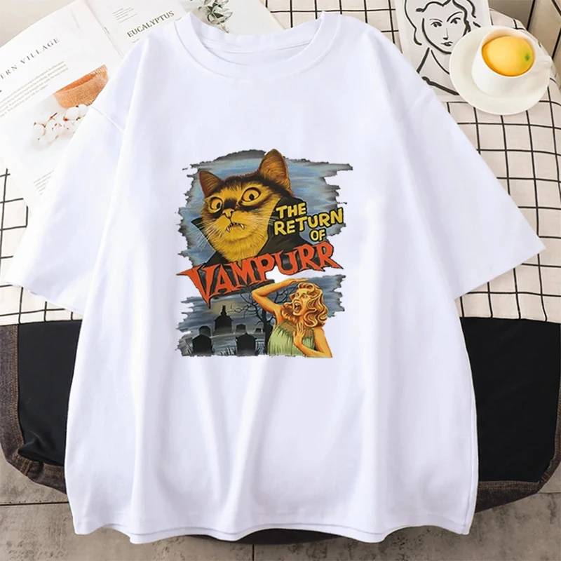 Cat Vampire Women Men's T Shirts Cat The Return Of Vampurr Funny Tees Short Sleeve Round Collar Cotton T-Shirt Streetwear Tops