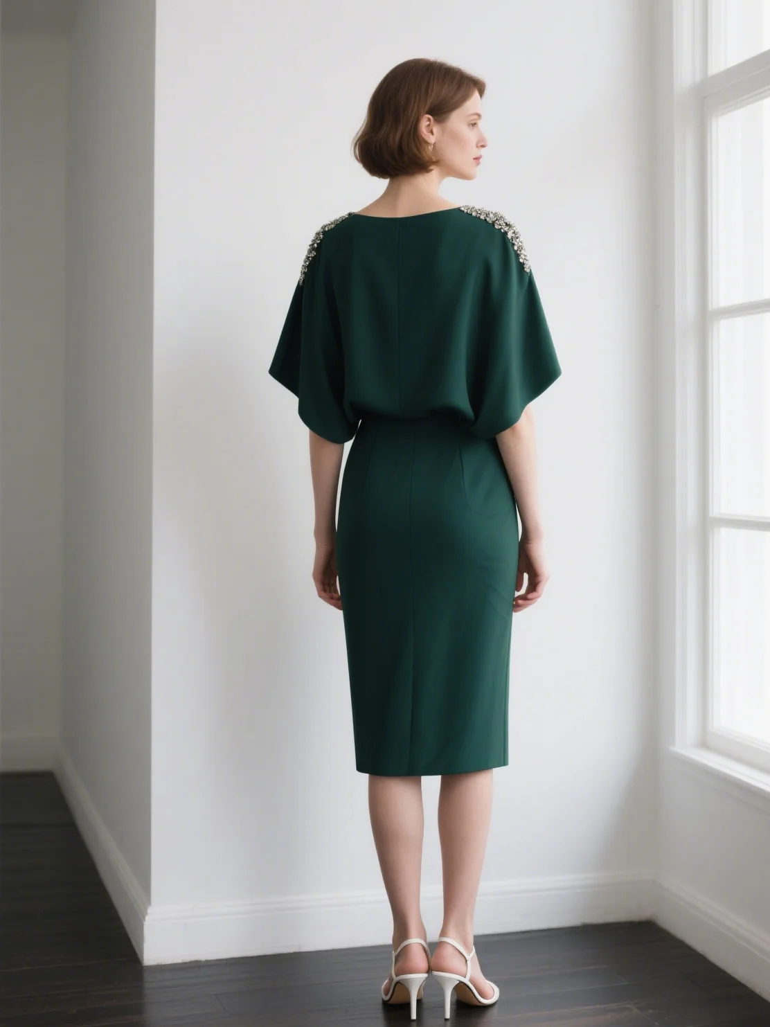 エレガントな花嫁の母ドレス クラシック シース シフォン 膝丈 ハーフスリーブ スクープネック スパンコール ドレス 2025 無料カスタマイズ