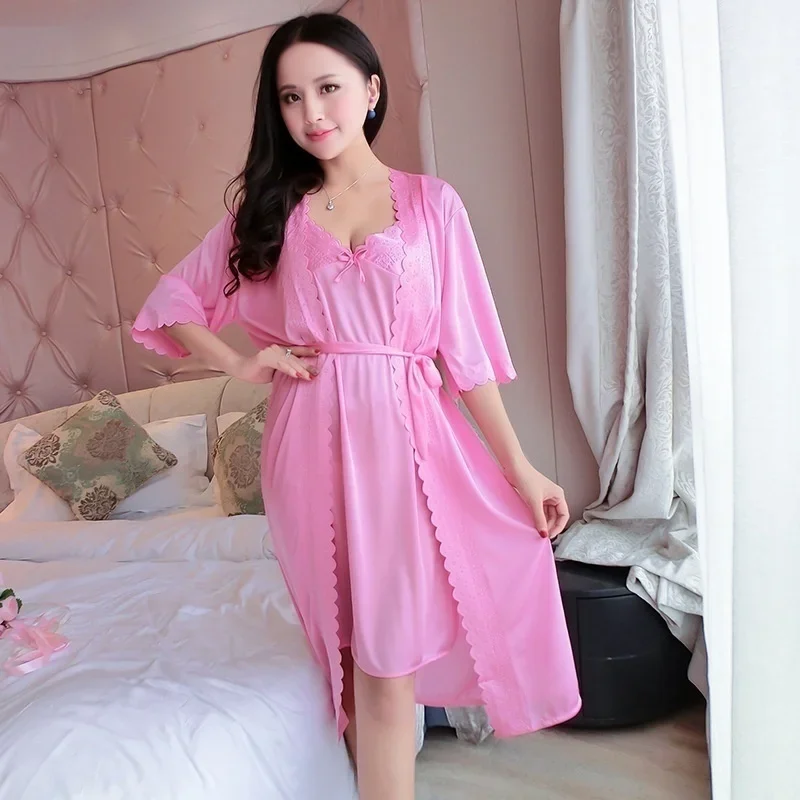 

Women's Silk Satin Two-Piece Pajamas Sets Ice Silk Sexy Lace Nightgown Sleepwear Robe Sets Sleepwear Women Set Plus Size Robe