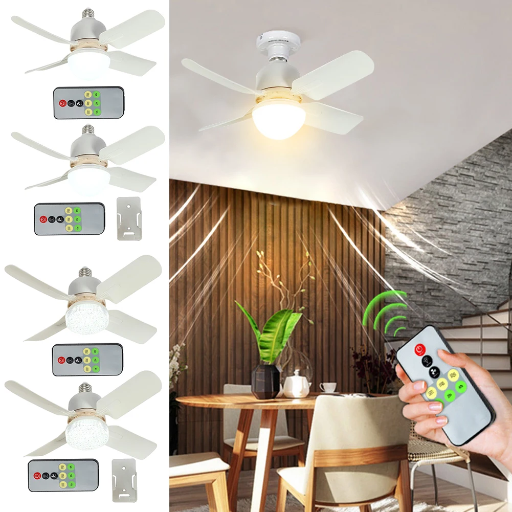 

E27 Socket Fan LED Light 3 Speeds Ceiling Fan LED Lamp E27 Base Remote Control Chandelier Ceiling Fan 4 Blades 3 Colors Dimmable