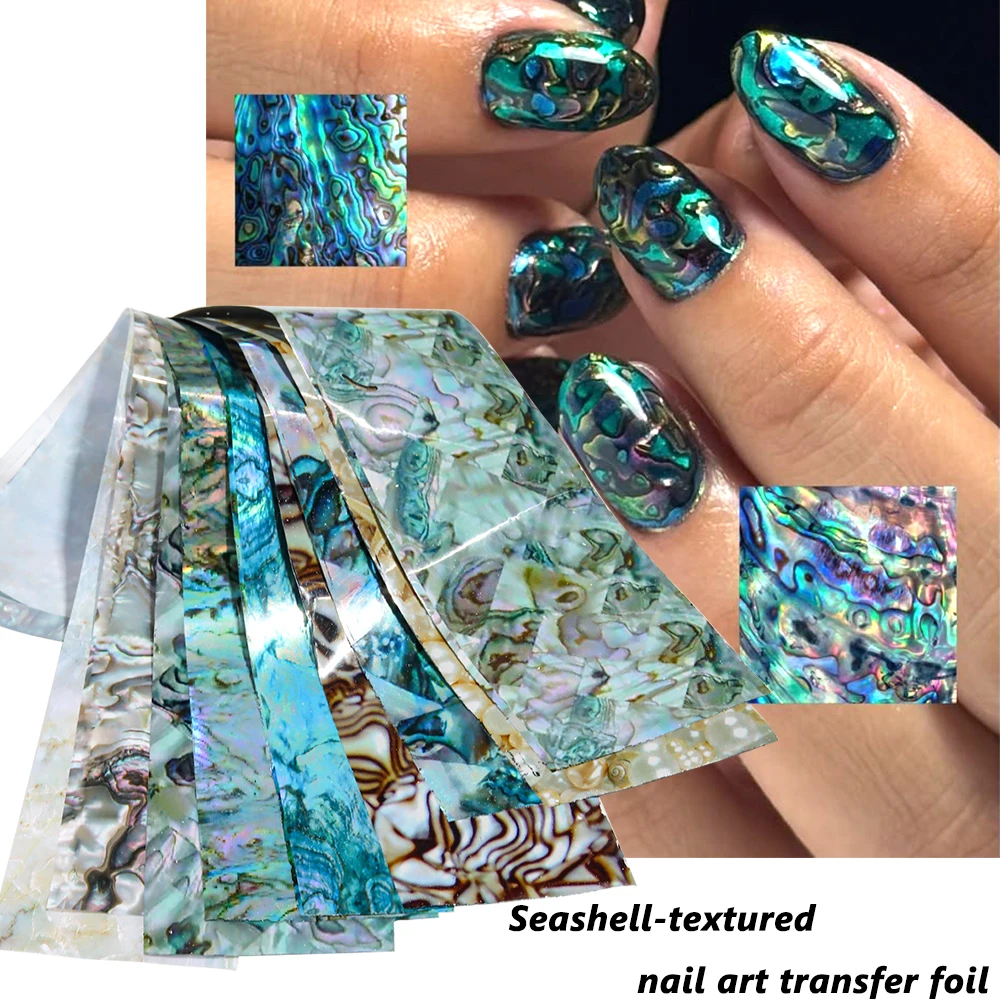 10pcs/set Iridescent Seashell-Textured Nail Art Transfer Foil – Featuring Pearlescent Spiral Patterns; DIY Nail Salon Accessory