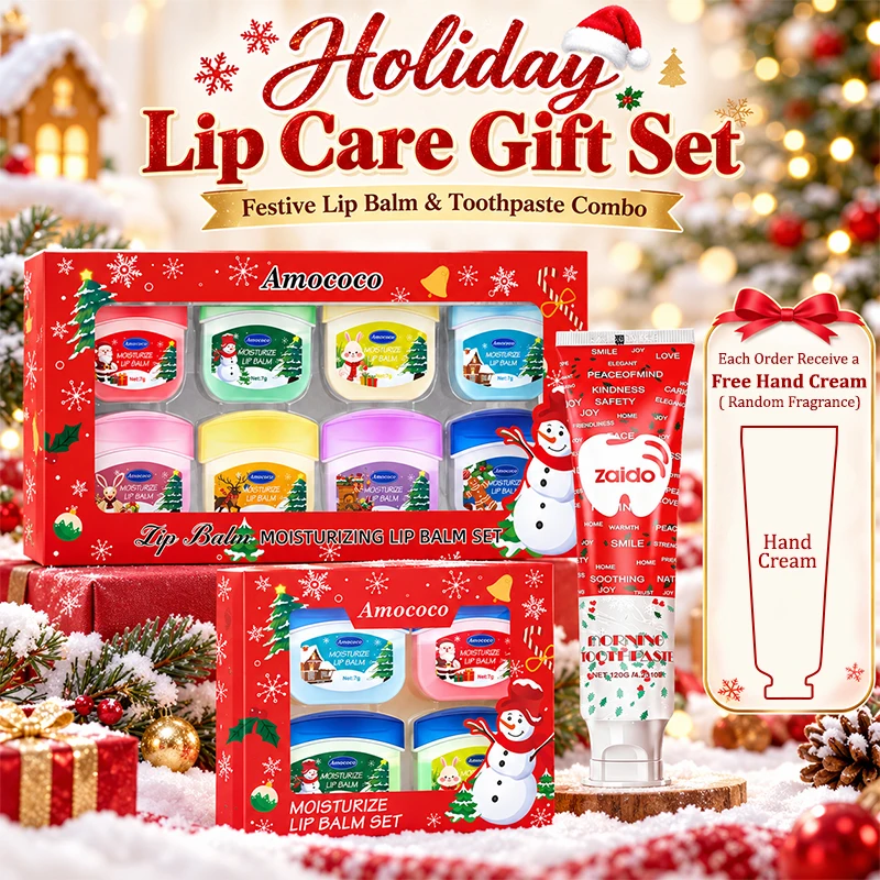 Muti-Pcs Christmas Lip Mask Set Moisturizing Care Kit with Christmas Toothpaste and Hand Cream Hydrating Nourishing Sleeping Mask for Dry Winter Lip Repair Beauty Gift for Holiday Stocking Stuffers